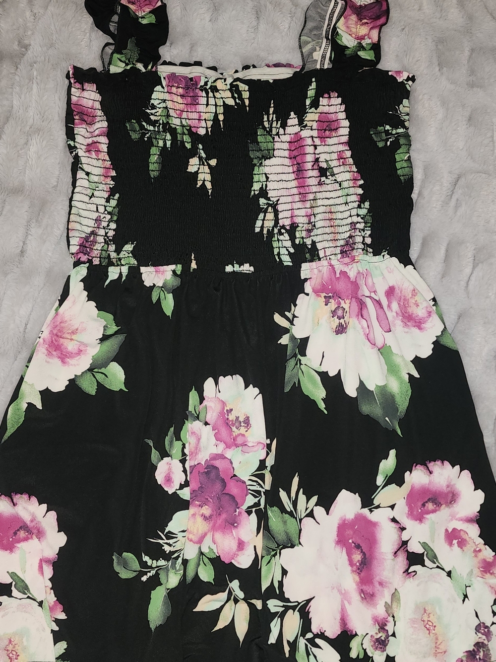 White Birch Black Floral Smocked Skort with Pink & Green Blooms